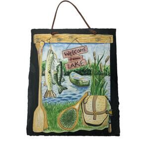 Vintage Hand Painted Slate‎ "Welcome to the Lake" Sign Leather Cord 10" x 12"